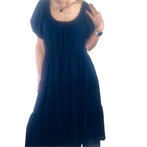 Ophelia Roe Dress Sz M NEW Navy Blue Tiered Gauzy Prairie Feminine Midi Casual